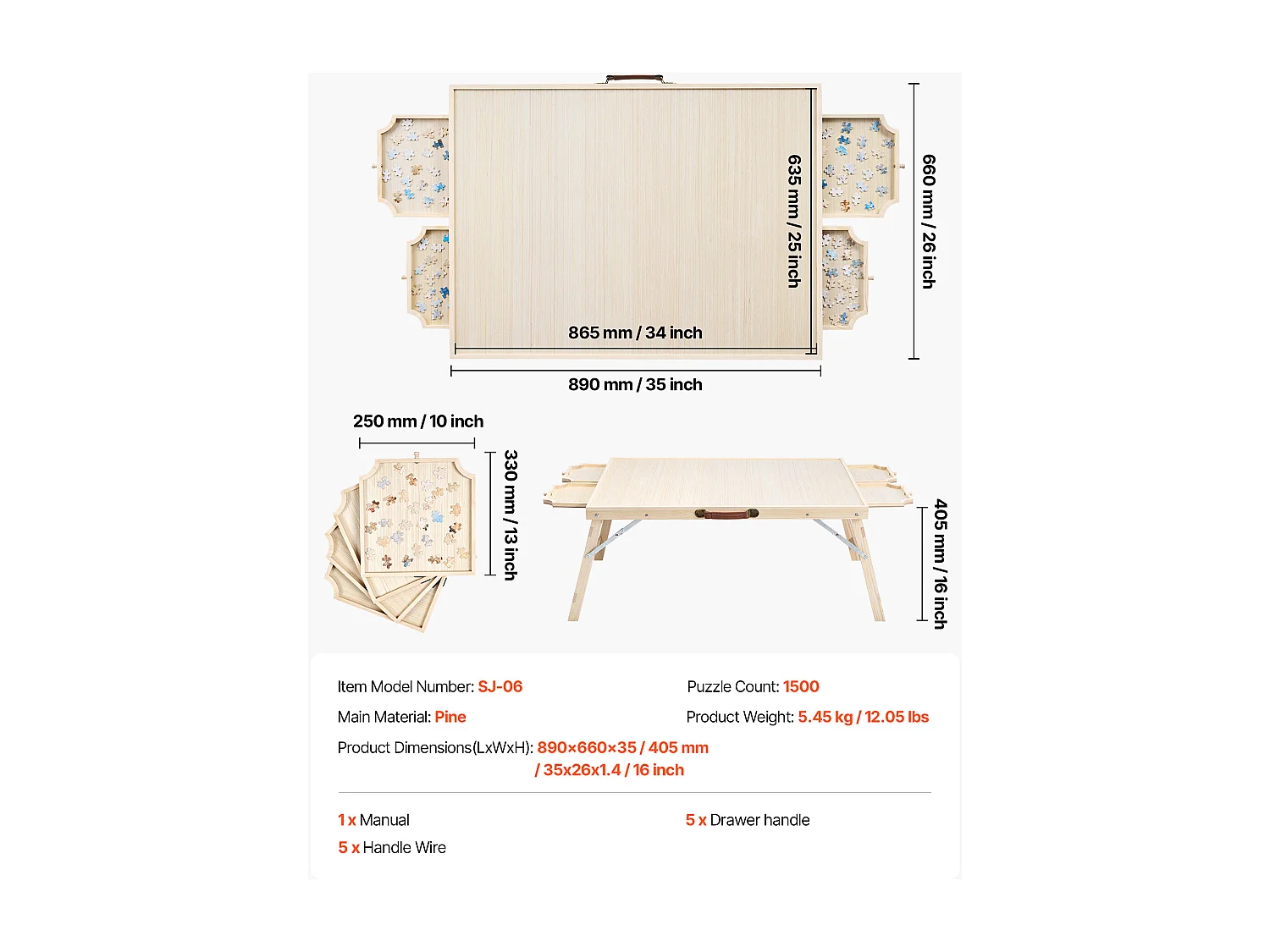 Table de Puzzle SucceBuy 1500 Pièces, Planche de Puzzle 86,5 x 63,5 cm, avec Pieds Pliables, 4 Tiroirs et Couverture, Plateau Casse-Tête Portable en Bois