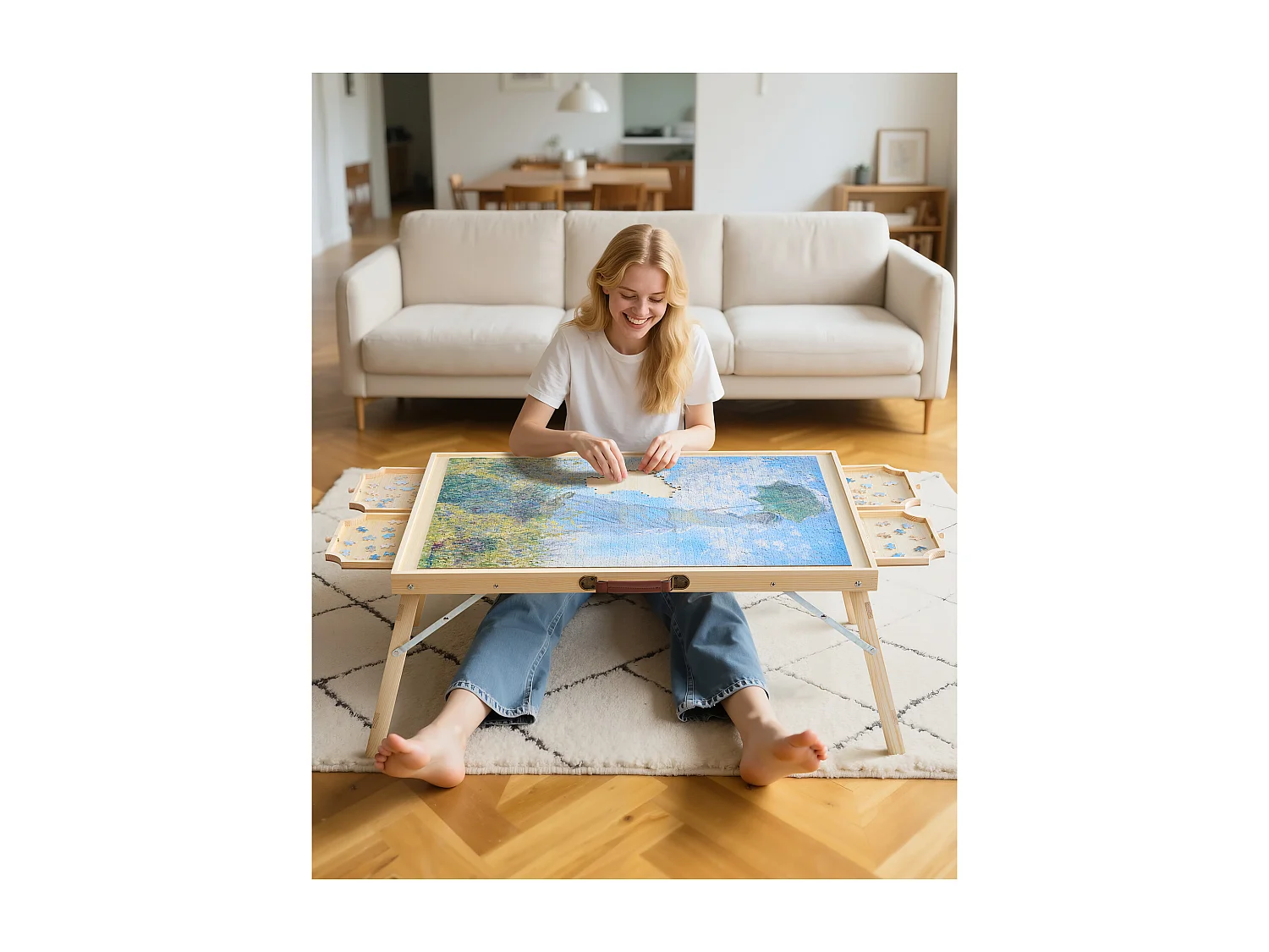 Table de Puzzle SucceBuy 1500 Pièces, Planche de Puzzle 86,5 x 63,5 cm, avec Pieds Pliables, 4 Tiroirs et Couverture, Plateau Casse-Tête Portable en Bois