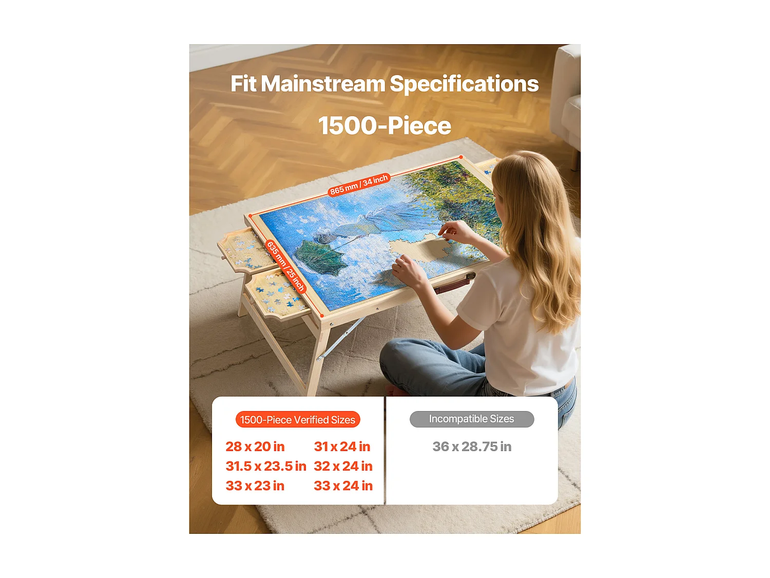 Table de Puzzle SucceBuy 1500 Pièces, Planche de Puzzle 86,5 x 63,5 cm, avec Pieds Pliables, 4 Tiroirs et Couverture, Plateau Casse-Tête Portable en Bois