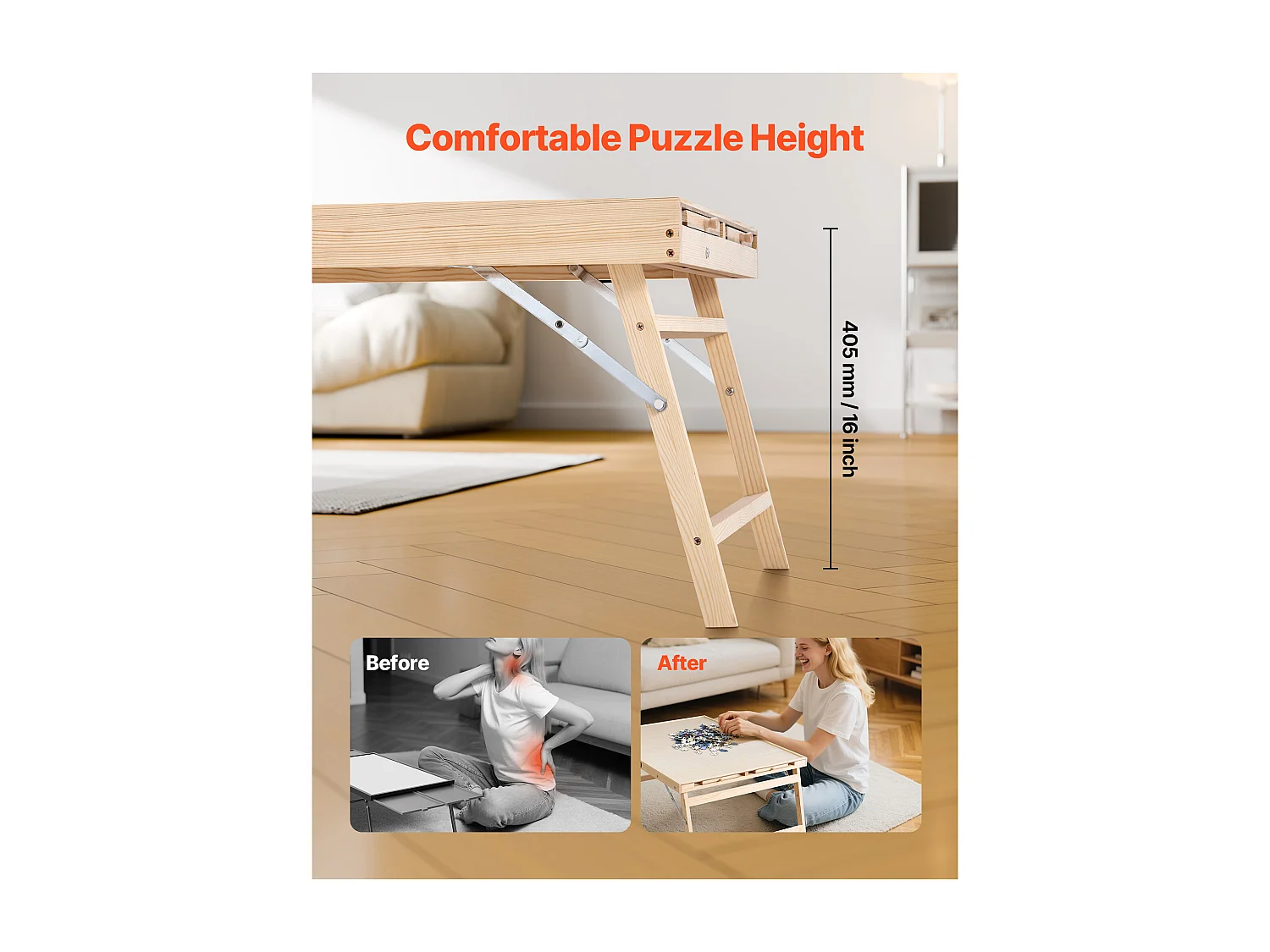 Table de Puzzle SucceBuy 1500 Pièces, Planche de Puzzle 86,5 x 63,5 cm, avec Pieds Pliables, 4 Tiroirs et Couverture, Plateau Casse-Tête Portable en Bois