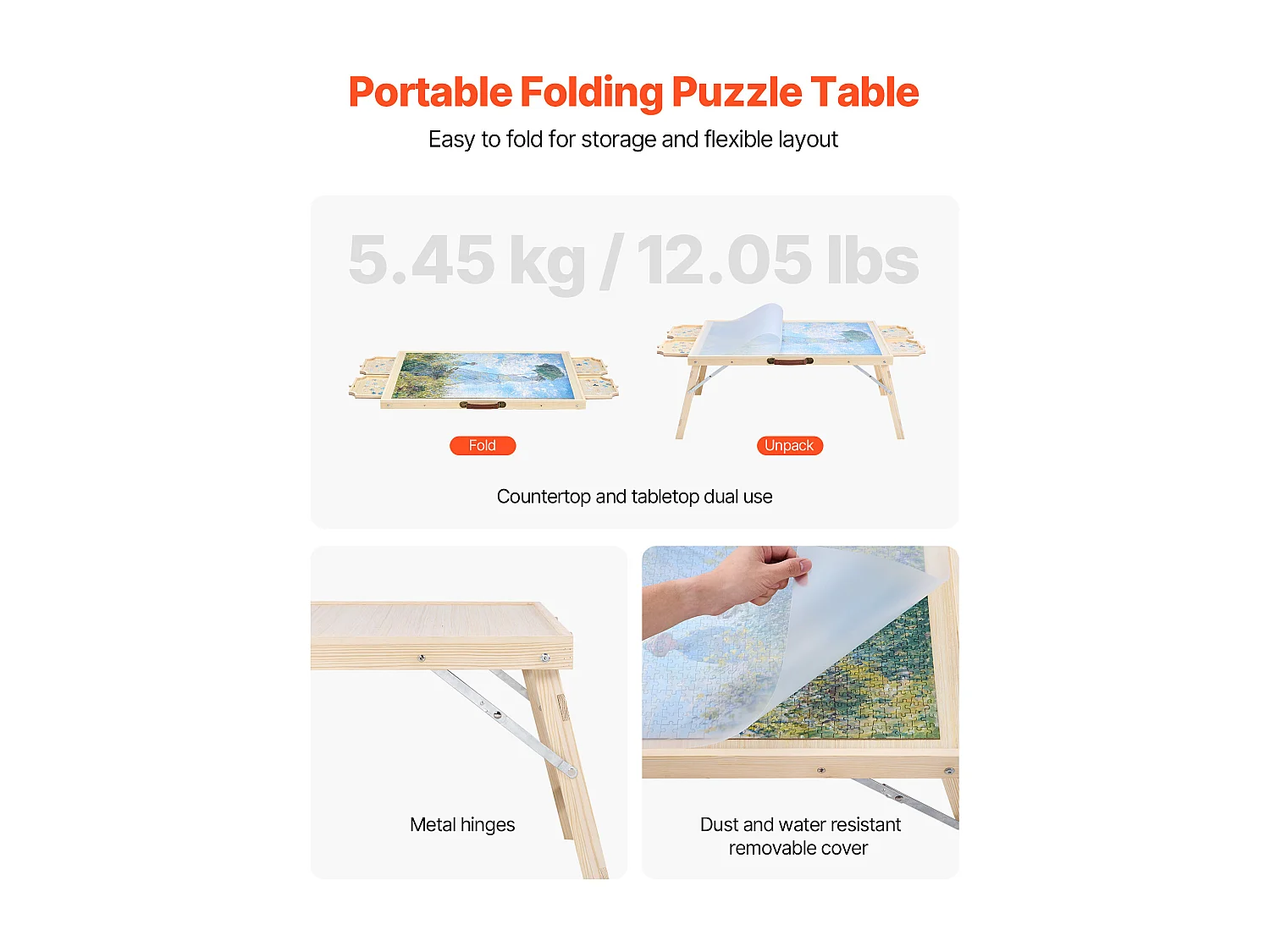 Table de Puzzle SucceBuy 1500 Pièces, Planche de Puzzle 86,5 x 63,5 cm, avec Pieds Pliables, 4 Tiroirs et Couverture, Plateau Casse-Tête Portable en Bois
