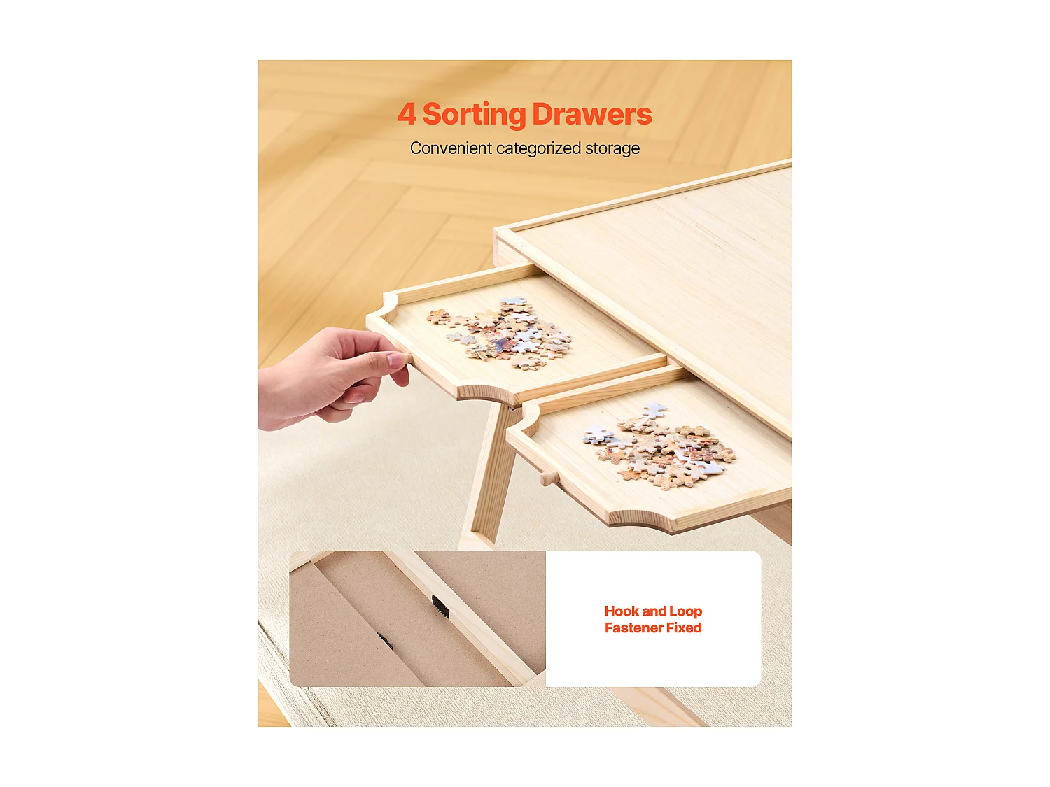 Table de Puzzle SucceBuy 1500 Pièces, Planche de Puzzle 86,5 x 63,5 cm, avec Pieds Pliables, 4 Tiroirs et Couverture, Plateau Casse-Tête Portable en Bois