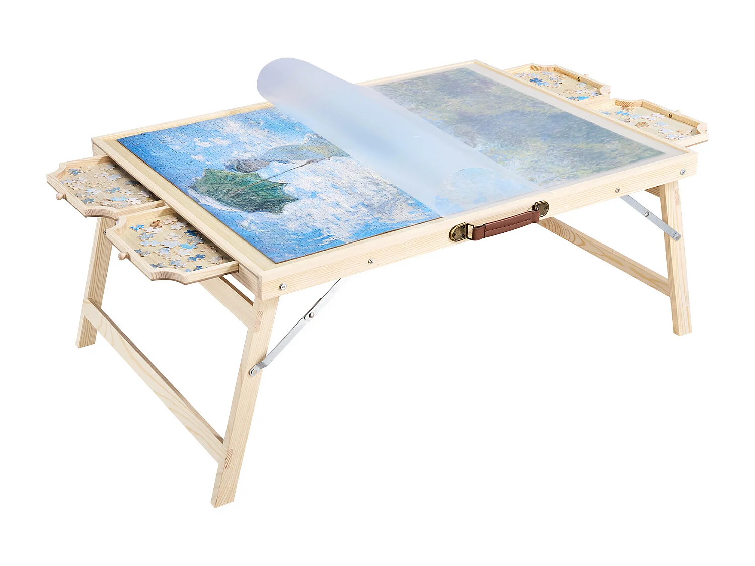 Table de Puzzle SucceBuy 1500 Pièces, Planche de Puzzle 86,5 x 63,5 cm, avec Pieds Pliables, 4 Tiroirs et Couverture, Plateau Casse-Tête Portable en Bois