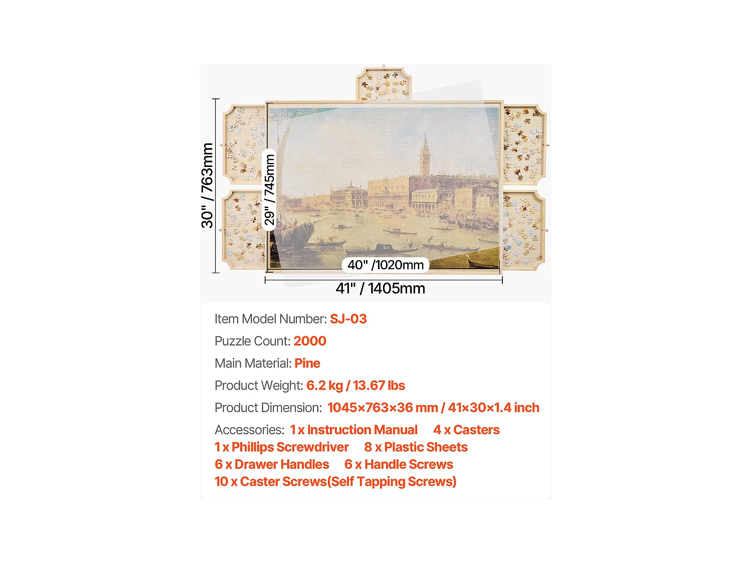 Planche de Puzzle SucceBuy 2000 Pièces, Table de Puzzle en Bois 102x74.5 cm, Plateau Casse-Tête Rotatif à 360° et Portable, avec 5 Tiroirs et Couverture Utile