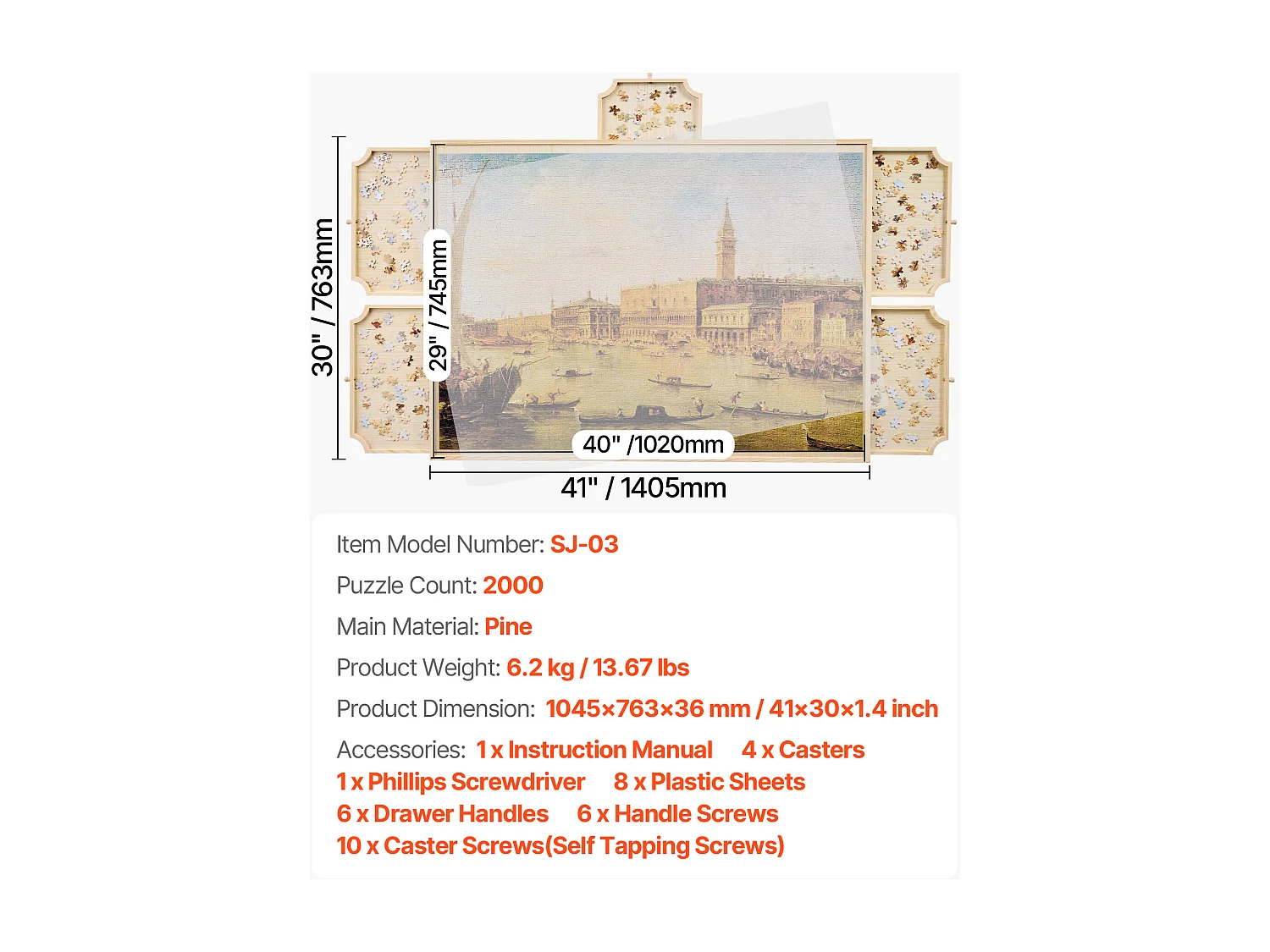 Planche de Puzzle SucceBuy 2000 Pièces, Table de Puzzle en Bois 102x74.5 cm, Plateau Casse-Tête Rotatif à 360° et Portable, avec 5 Tiroirs et Couverture Utile