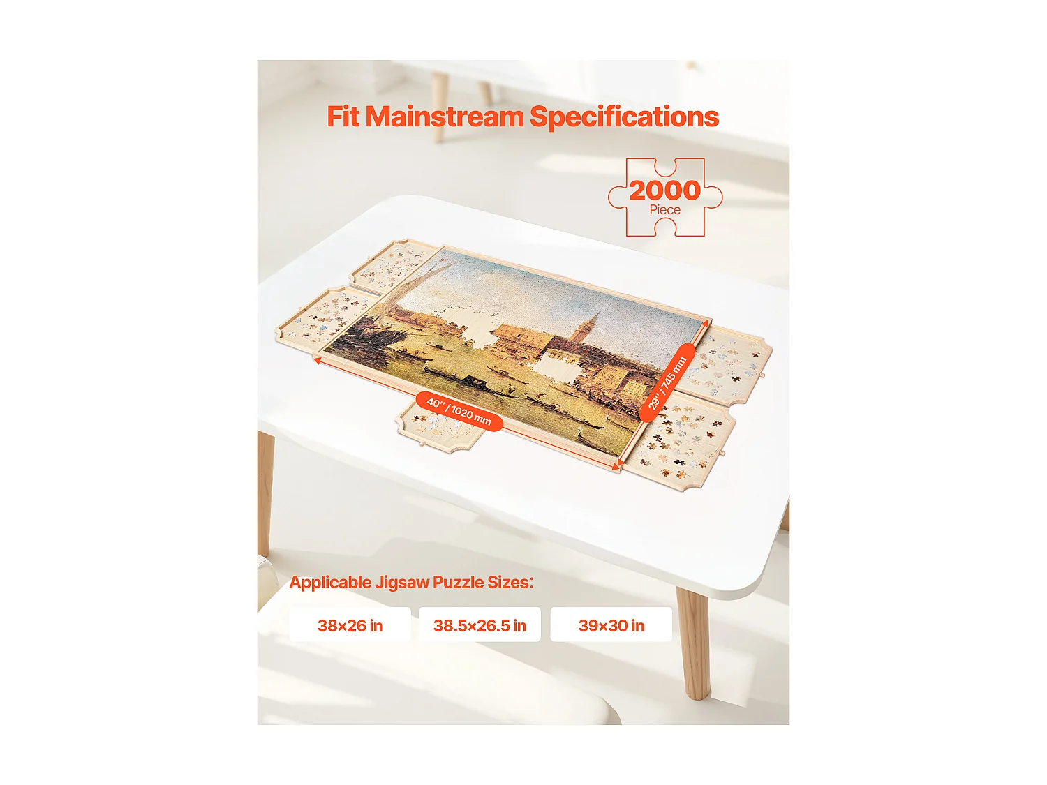 Planche de Puzzle SucceBuy 2000 Pièces, Table de Puzzle en Bois 102x74.5 cm, Plateau Casse-Tête Rotatif à 360° et Portable, avec 5 Tiroirs et Couverture Utile