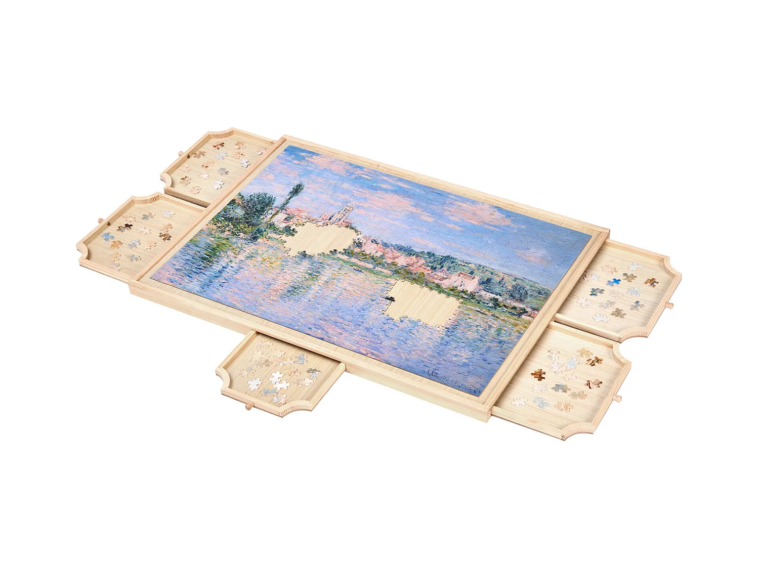 Planche de Puzzle SucceBuy 1000 Pièces, Table de Puzzle en Bois 73.6 x 53.5 cm, Plateau Casse-tête Rotatif à 360° et Portable, avec 5 Tiroirs et Couverture Utile