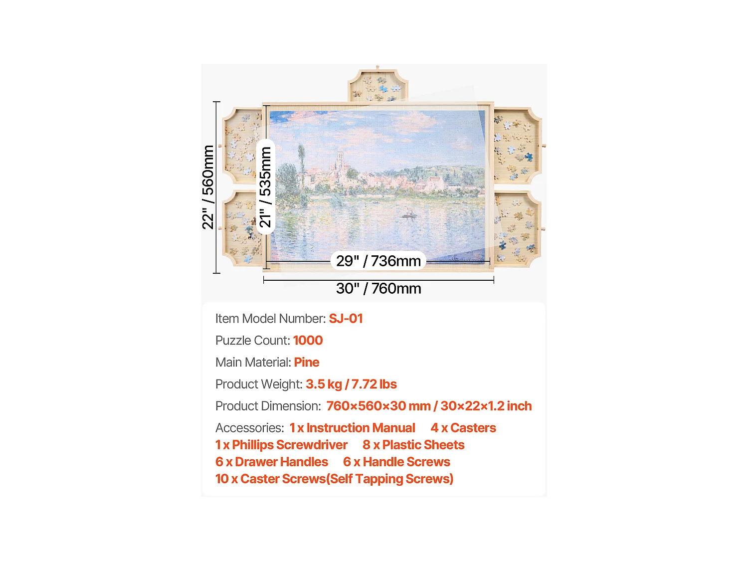 Planche de Puzzle SucceBuy 1000 Pièces, Table de Puzzle en Bois 73.6 x 53.5 cm, Plateau Casse-tête Rotatif à 360° et Portable, avec 5 Tiroirs et Couverture Utile