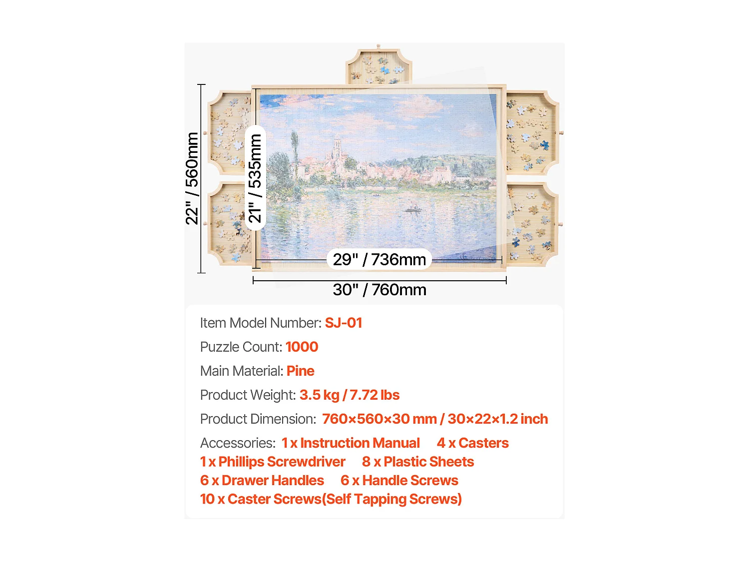 Planche de Puzzle SucceBuy 1000 Pièces, Table de Puzzle en Bois 73.6 x 53.5 cm, Plateau Casse-tête Rotatif à 360° et Portable, avec 5 Tiroirs et Couverture Utile