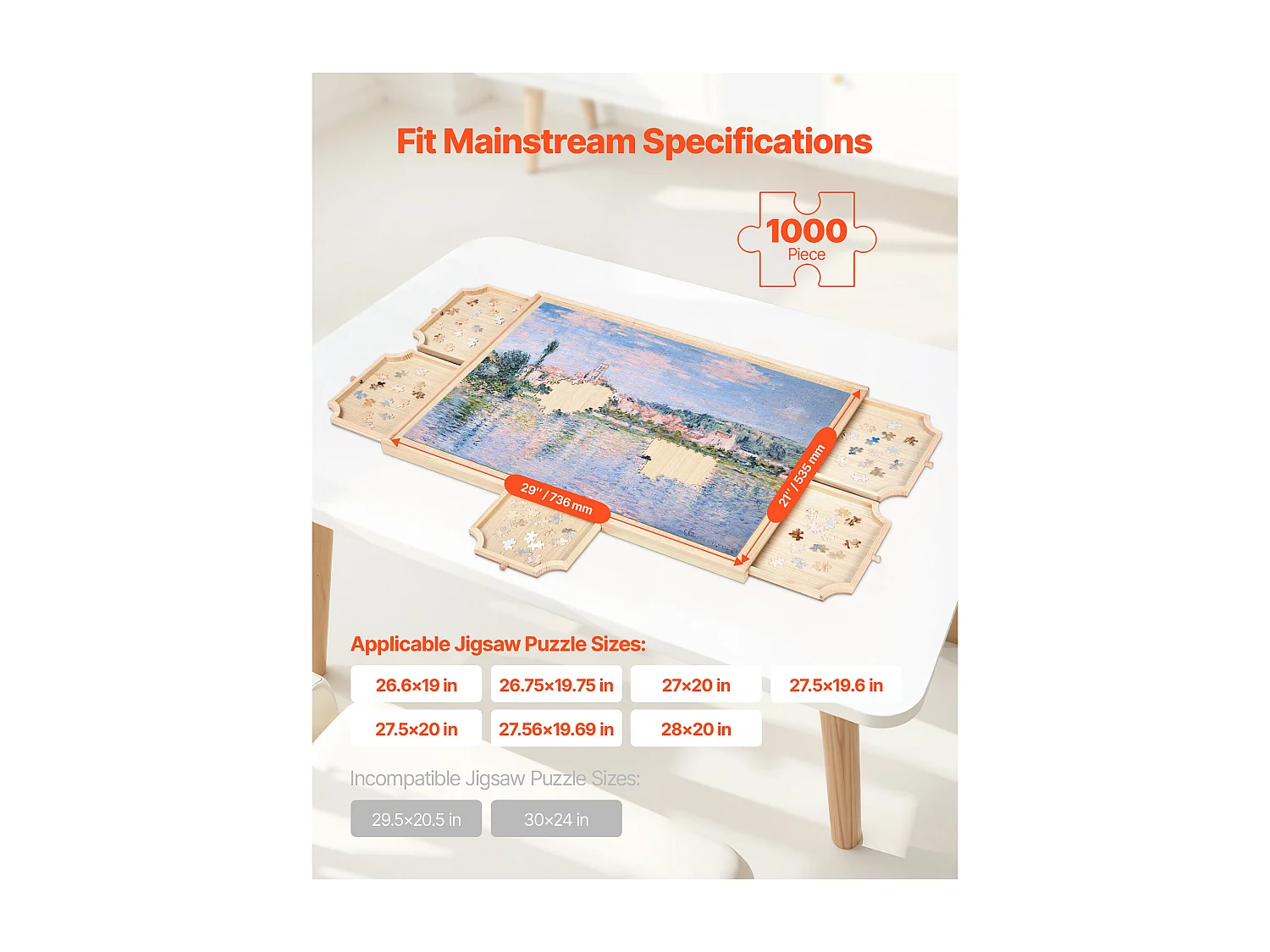 Planche de Puzzle SucceBuy 1000 Pièces, Table de Puzzle en Bois 73.6 x 53.5 cm, Plateau Casse-tête Rotatif à 360° et Portable, avec 5 Tiroirs et Couverture Utile