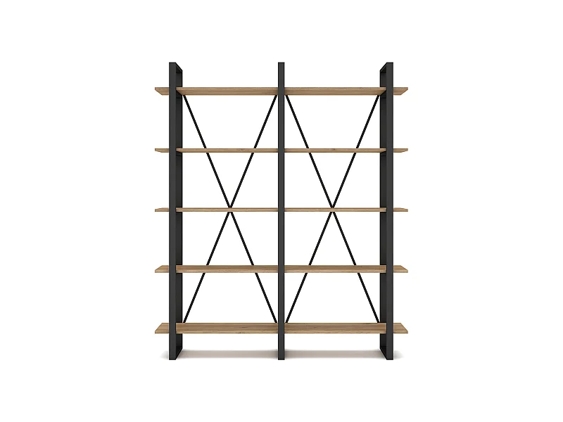 Etagère haute, meuble étagère aspect bois coloris naturel et métal noir - Longueur 147,50 x Profondeur 34 x Hauteur 180 cm