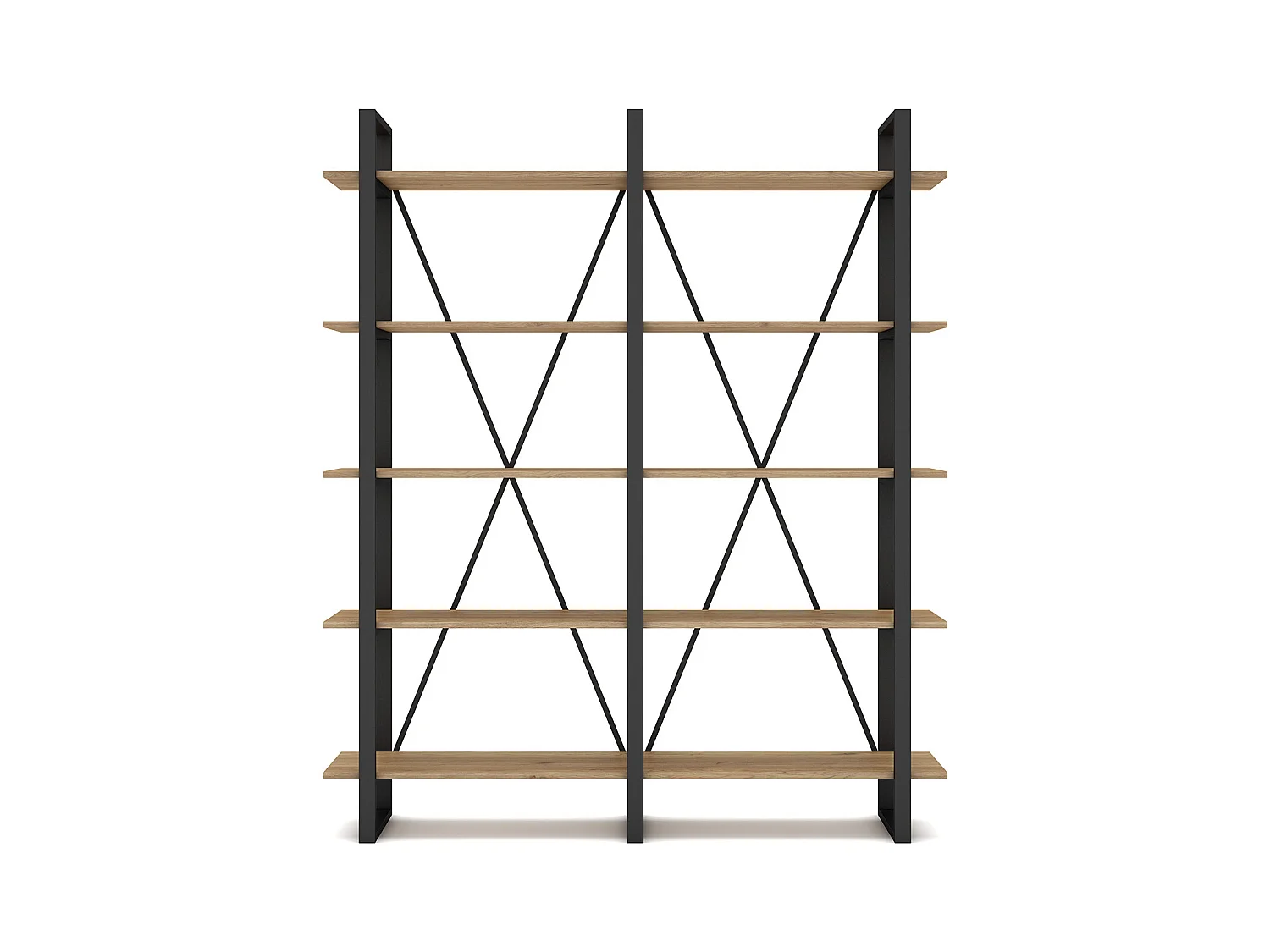 Etagère haute, meuble étagère aspect bois coloris naturel et métal noir - Longueur 147,50 x Profondeur 34 x Hauteur 180 cm