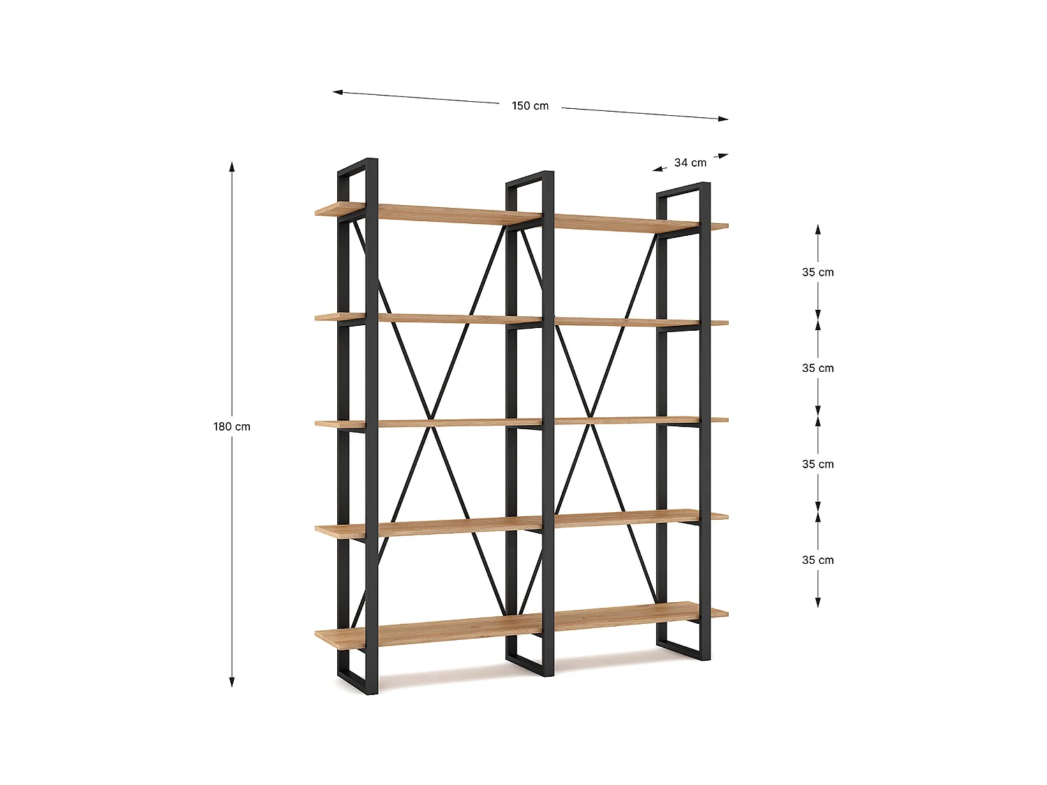 Etagère haute, meuble étagère aspect bois coloris naturel et métal noir - Longueur 147,50 x Profondeur 34 x Hauteur 180 cm
