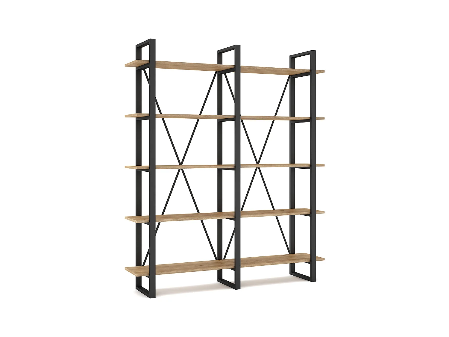 Etagère haute, meuble étagère aspect bois coloris naturel et métal noir - Longueur 147,50 x Profondeur 34 x Hauteur 180 cm