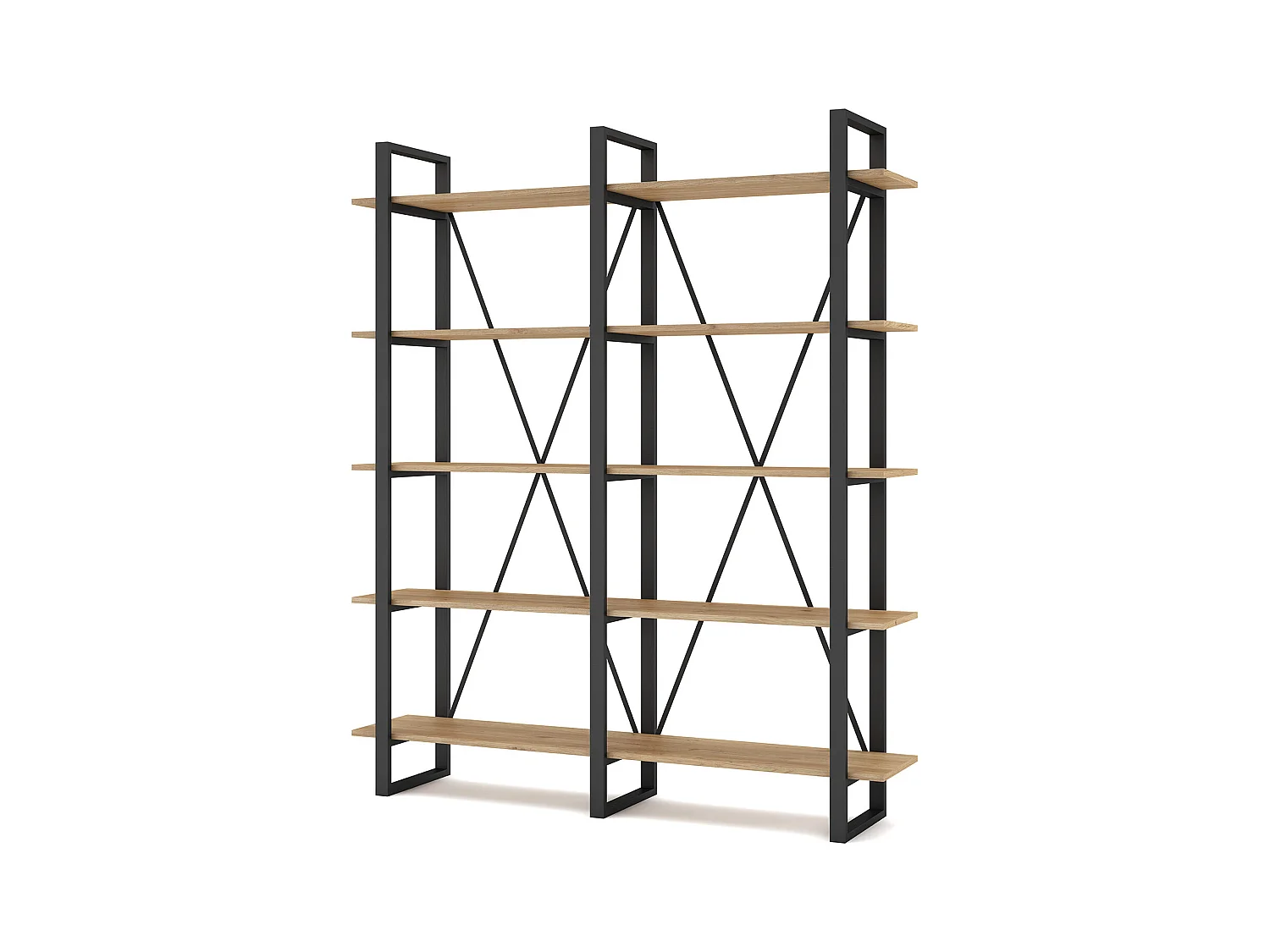 Etagère haute, meuble étagère aspect bois coloris naturel et métal noir - Longueur 147,50 x Profondeur 34 x Hauteur 180 cm