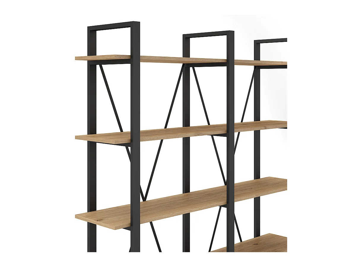 Etagère haute, meuble étagère aspect bois coloris naturel et métal noir - Longueur 147,50 x Profondeur 34 x Hauteur 180 cm
