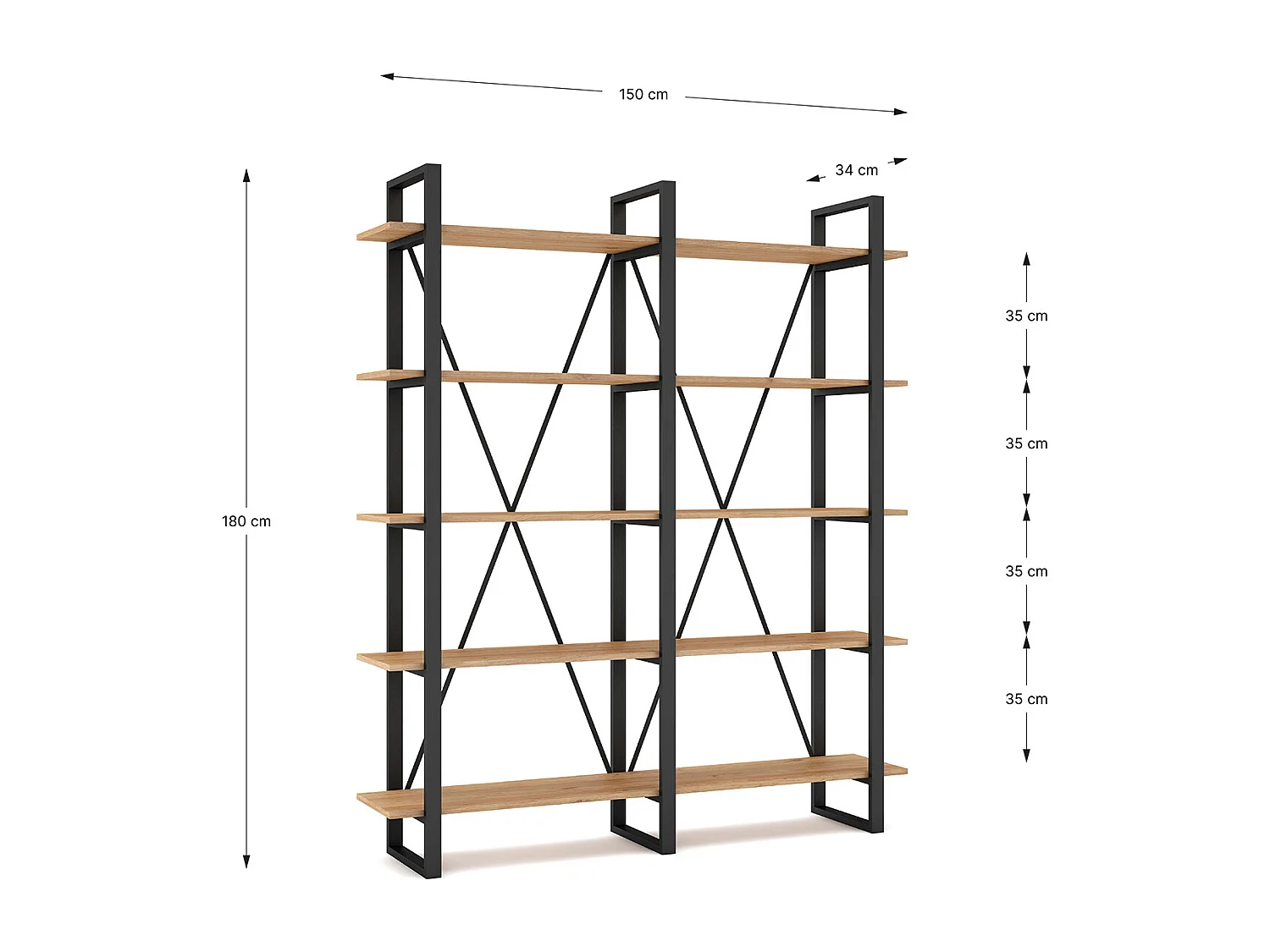 Etagère haute, meuble étagère aspect bois coloris naturel et métal noir - Longueur 147,50 x Profondeur 34 x Hauteur 180 cm