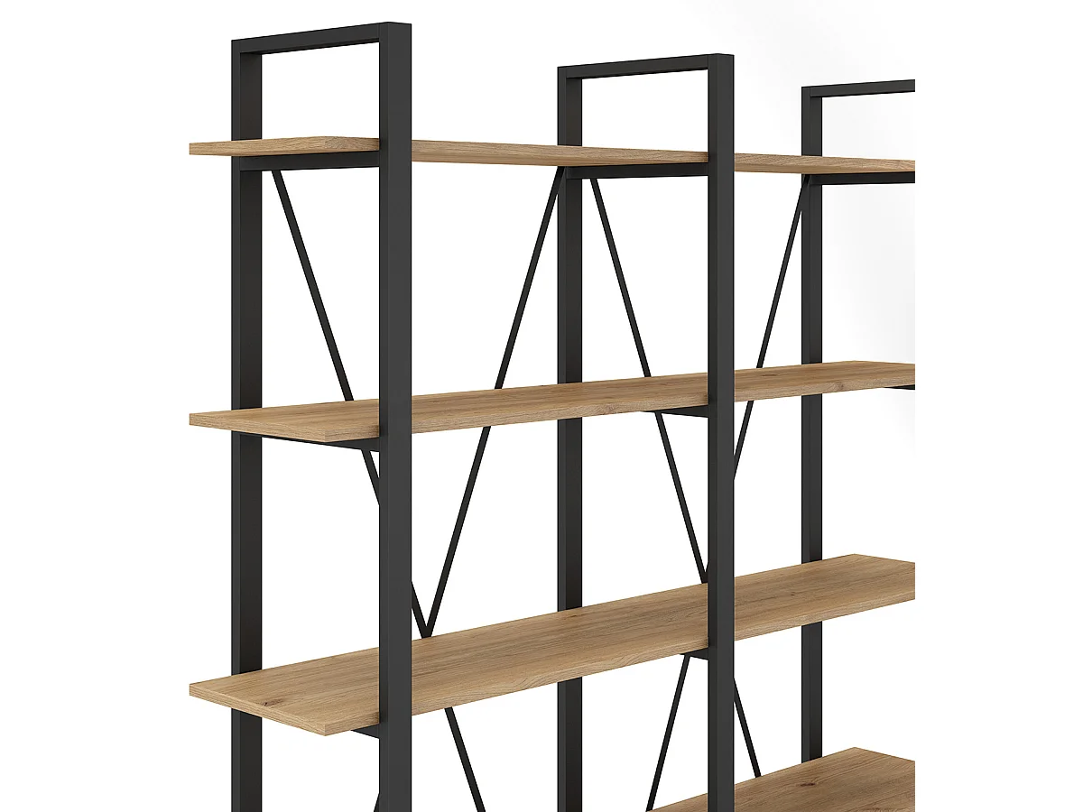 Etagère haute, meuble étagère aspect bois coloris naturel et métal noir - Longueur 147,50 x Profondeur 34 x Hauteur 180 cm