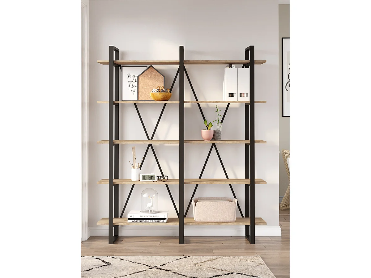 Etagère haute, meuble étagère aspect bois coloris naturel et métal noir - Longueur 147,50 x Profondeur 34 x Hauteur 180 cm