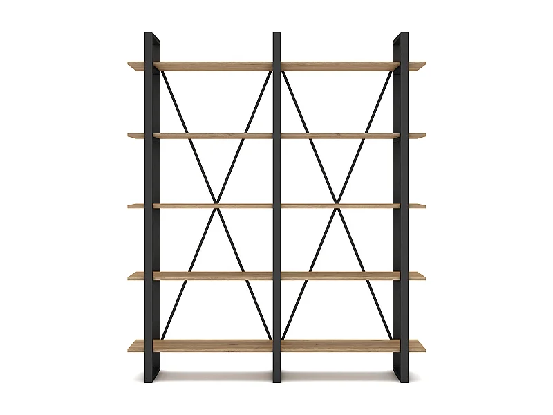 Etagère haute, meuble étagère aspect bois coloris naturel et métal noir - Longueur 147,50 x Profondeur 34 x Hauteur 180 cm
