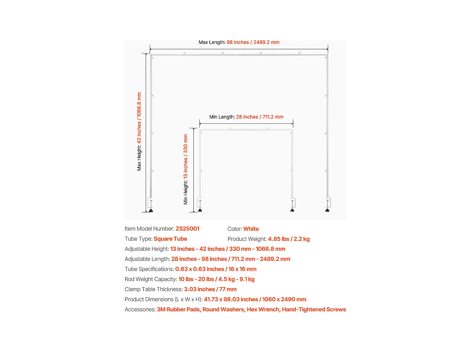 Support Tige de Table SucceBuy avec Pinces, Support Arche de Table, Hauteur Réglable 33-106.7 cm Longueur Réglable 71.1-249 cm, Cadre Arche Métal
