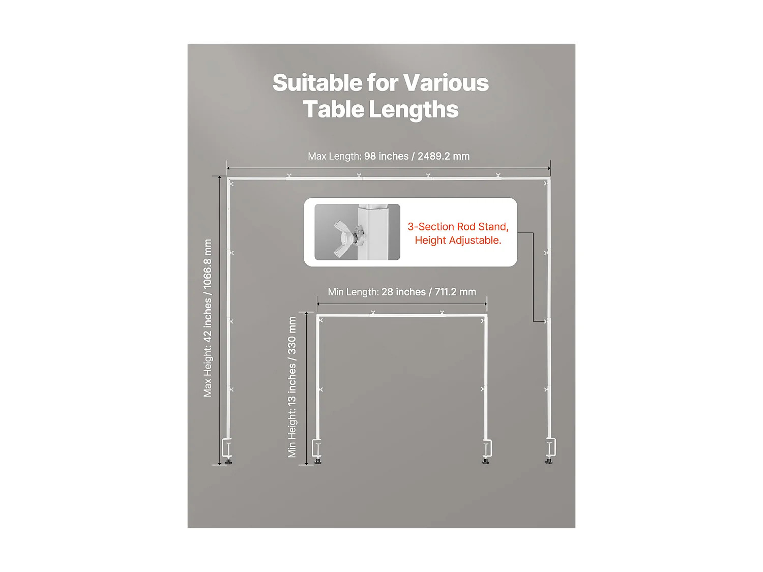 Tafelstanghouder SucceBuy met Klemmen, Tafelbooghouder, Hoogte Verstelbaar 33-106.7 cm Lengte Verstelbaar 71.1-249 cm, Metaalboogframe