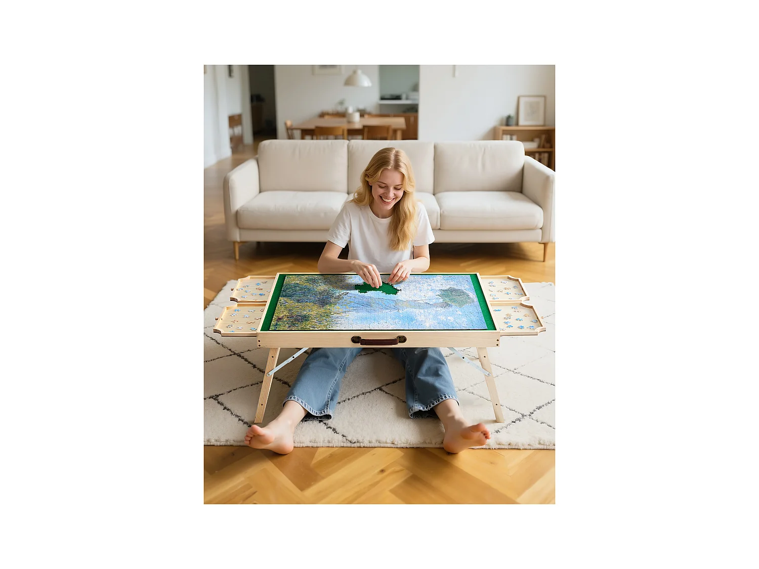 Table de Puzzle SucceBuy 1500 Pièces, Planche de Puzzle 86,5 x 63,5 cm, avec Pieds Pliables, 4 Tiroirs et Couverture, Plateau Casse-Tête Portable