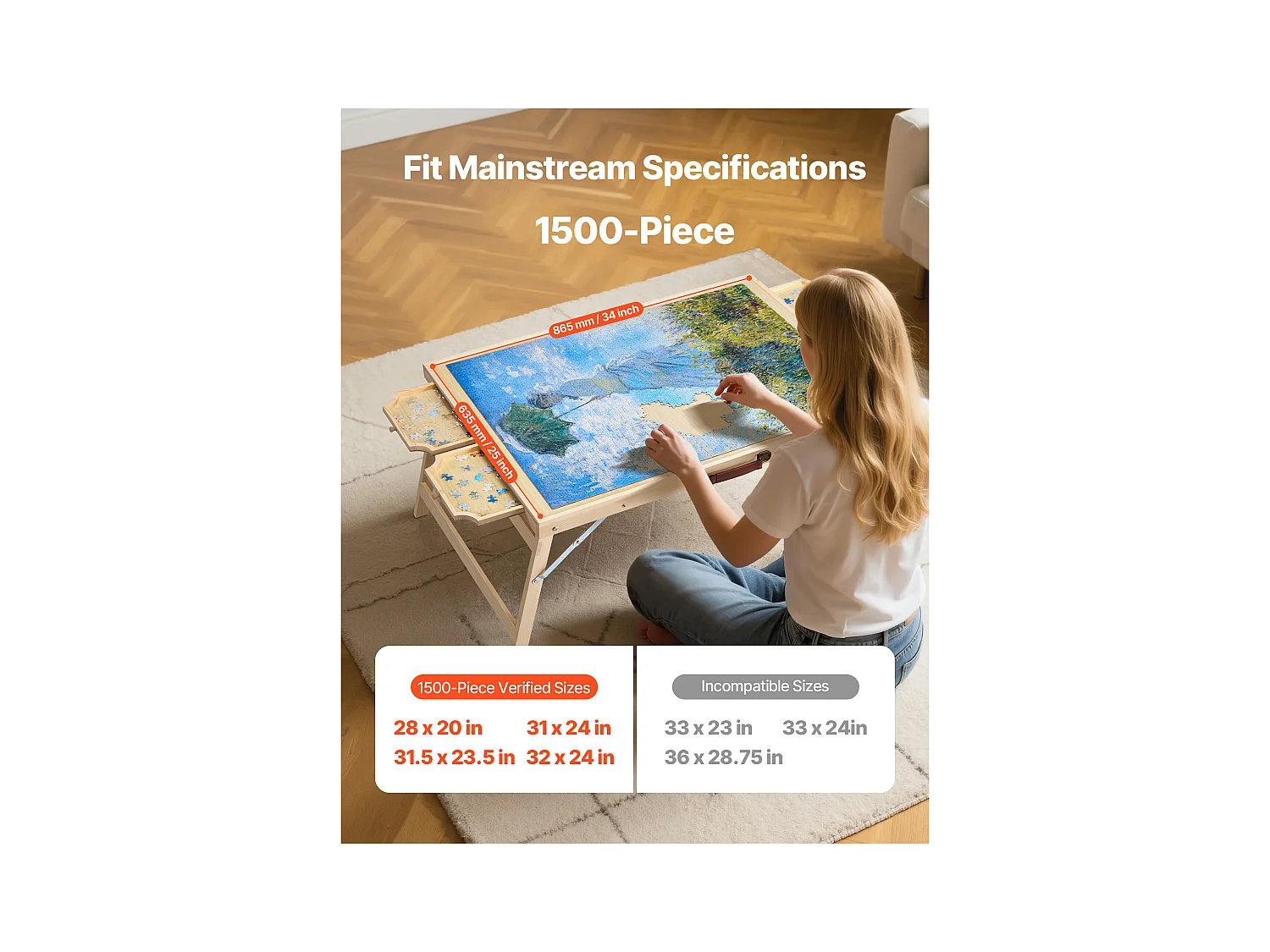 Table de Puzzle SucceBuy 1500 Pièces, Planche de Puzzle 86,5 x 63,5 cm, avec Pieds Pliables, 4 Tiroirs et Couverture, Plateau Casse-Tête Portable