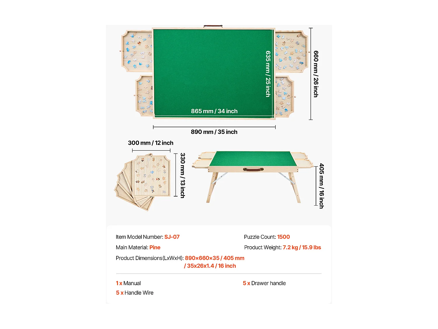 Table de Puzzle SucceBuy 1500 Pièces, Planche de Puzzle 86,5 x 63,5 cm, avec Pieds Pliables, 4 Tiroirs et Couverture, Plateau Casse-Tête Portable