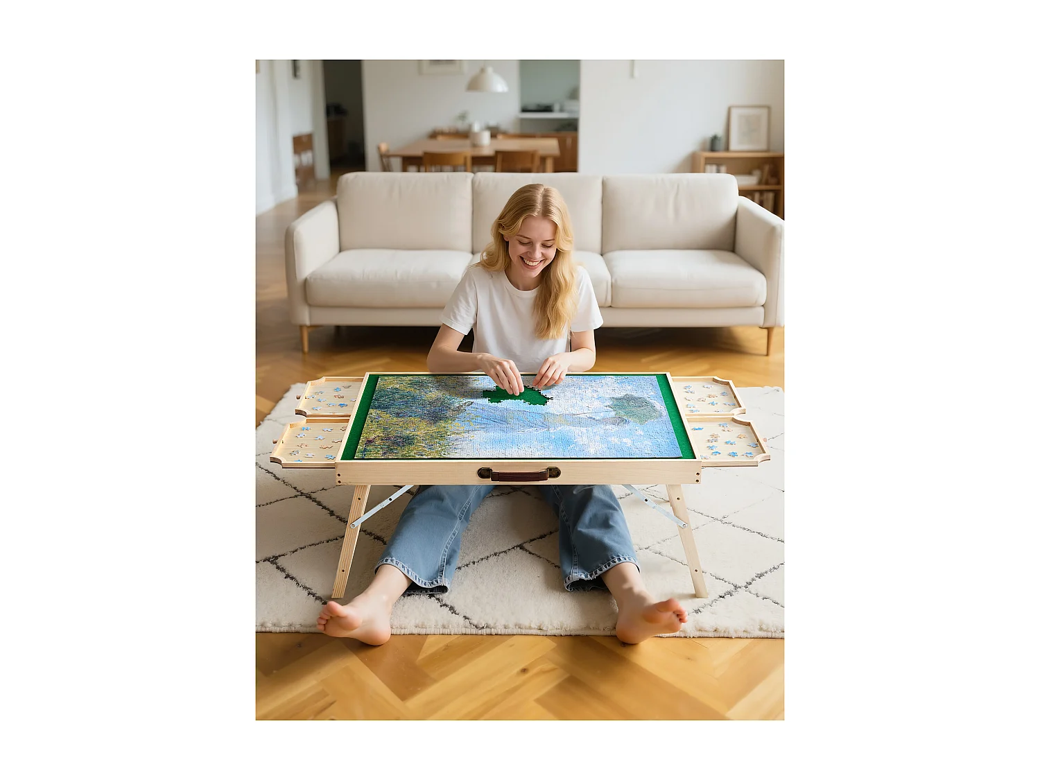 Table de Puzzle SucceBuy 1500 Pièces, Planche de Puzzle 86,5 x 63,5 cm, avec Pieds Pliables, 4 Tiroirs et Couverture, Plateau Casse-Tête Portable