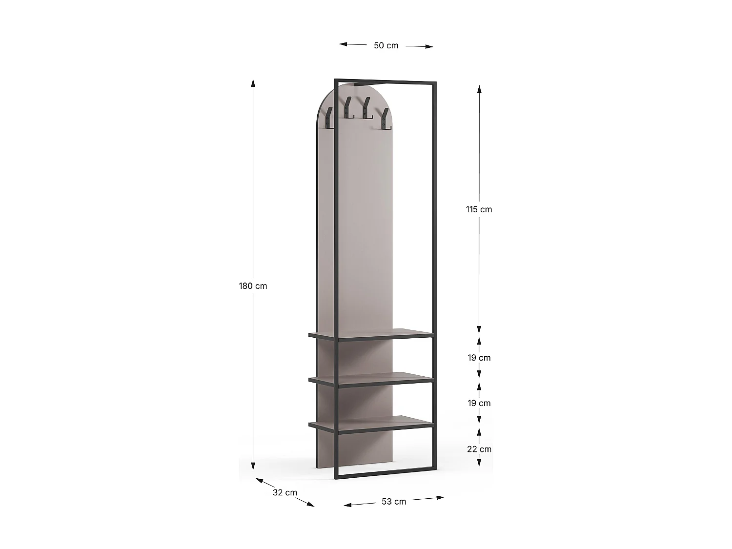 Meuble d'entrée, Buffet d'entrée aspect bois coloris crème et métal noir  - Longueur 53 x Profondeur 31,70 x Hauteur 180 cm