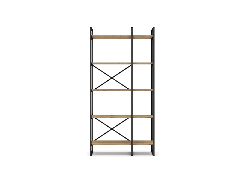 Etagère haute, meuble étagère aspect bois coloris naturel et métal noir - Longueur 87,5 x Profondeur 30 x Hauteur 175 cm