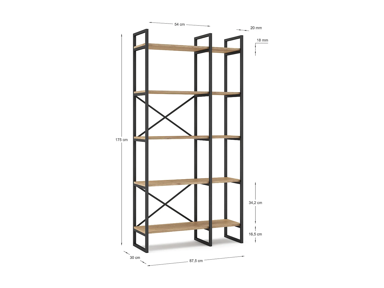 Etagère haute, meuble étagère aspect bois coloris naturel et métal noir - Longueur 87,5 x Profondeur 30 x Hauteur 175 cm
