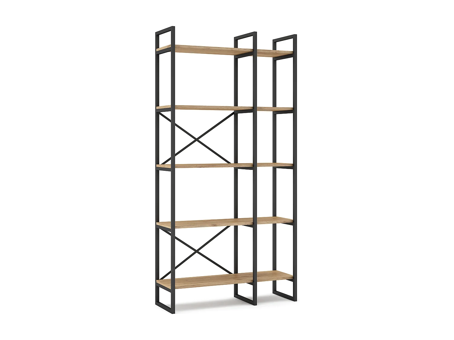 Etagère haute, meuble étagère aspect bois coloris naturel et métal noir - Longueur 87,5 x Profondeur 30 x Hauteur 175 cm