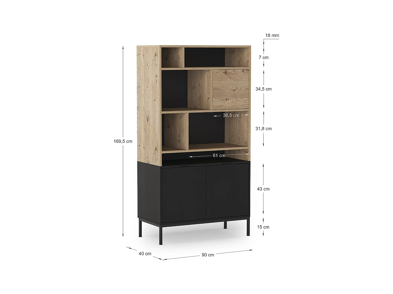 Bibliothèque, étagère aspect bois coloris chêne et pieds en métal noir - Longueur 90 x Profondeur 40 x Hauteur 170 cm