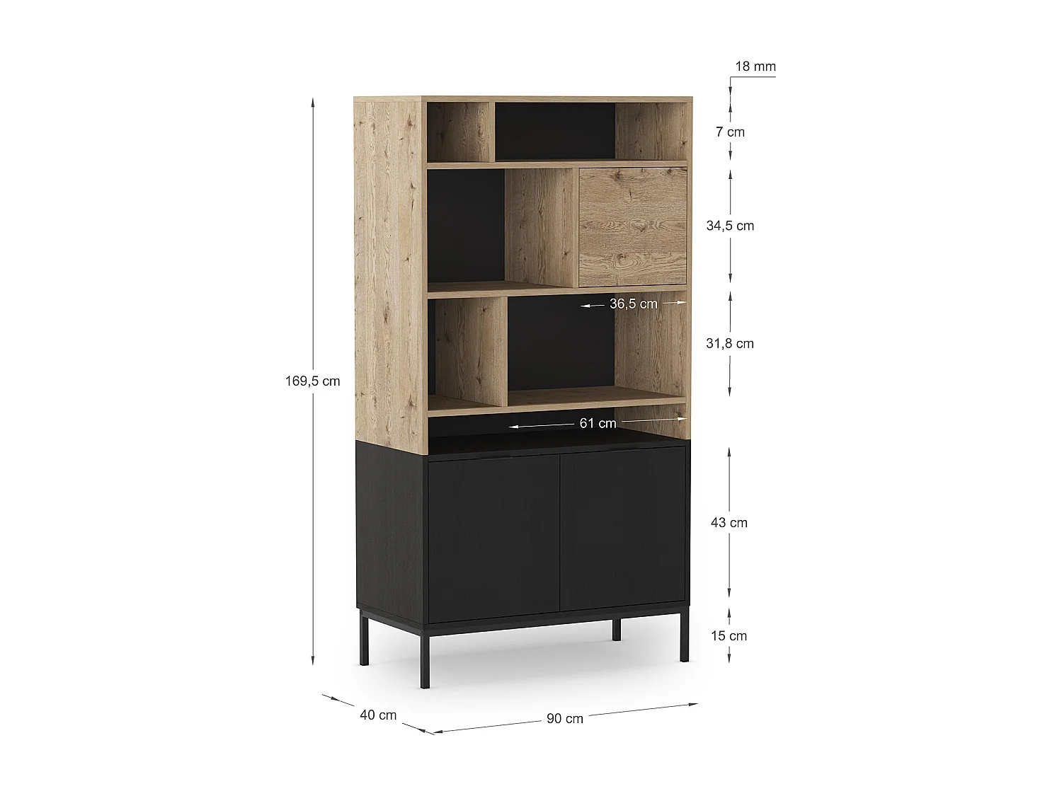 Bibliothèque, étagère aspect bois coloris chêne et pieds en métal noir - Longueur 90 x Profondeur 40 x Hauteur 170 cm