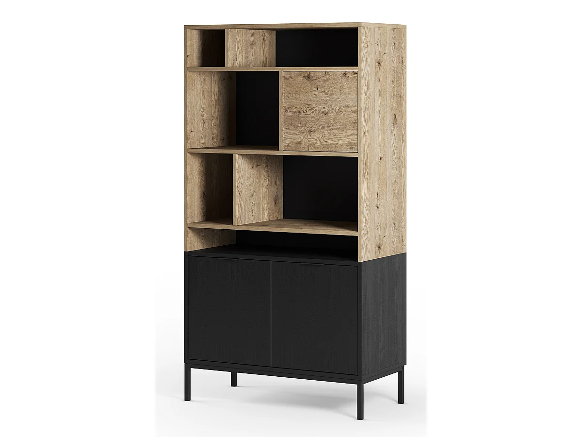 Bibliothèque, étagère aspect bois coloris chêne et pieds en métal noir - Longueur 90 x Profondeur 40 x Hauteur 170 cm