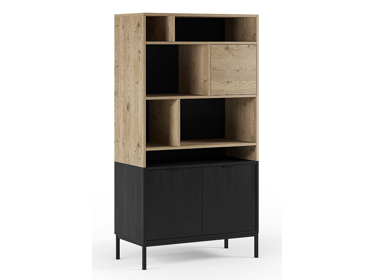 Bibliothèque, étagère aspect bois coloris chêne et pieds en métal noir - Longueur 90 x Profondeur 40 x Hauteur 170 cm