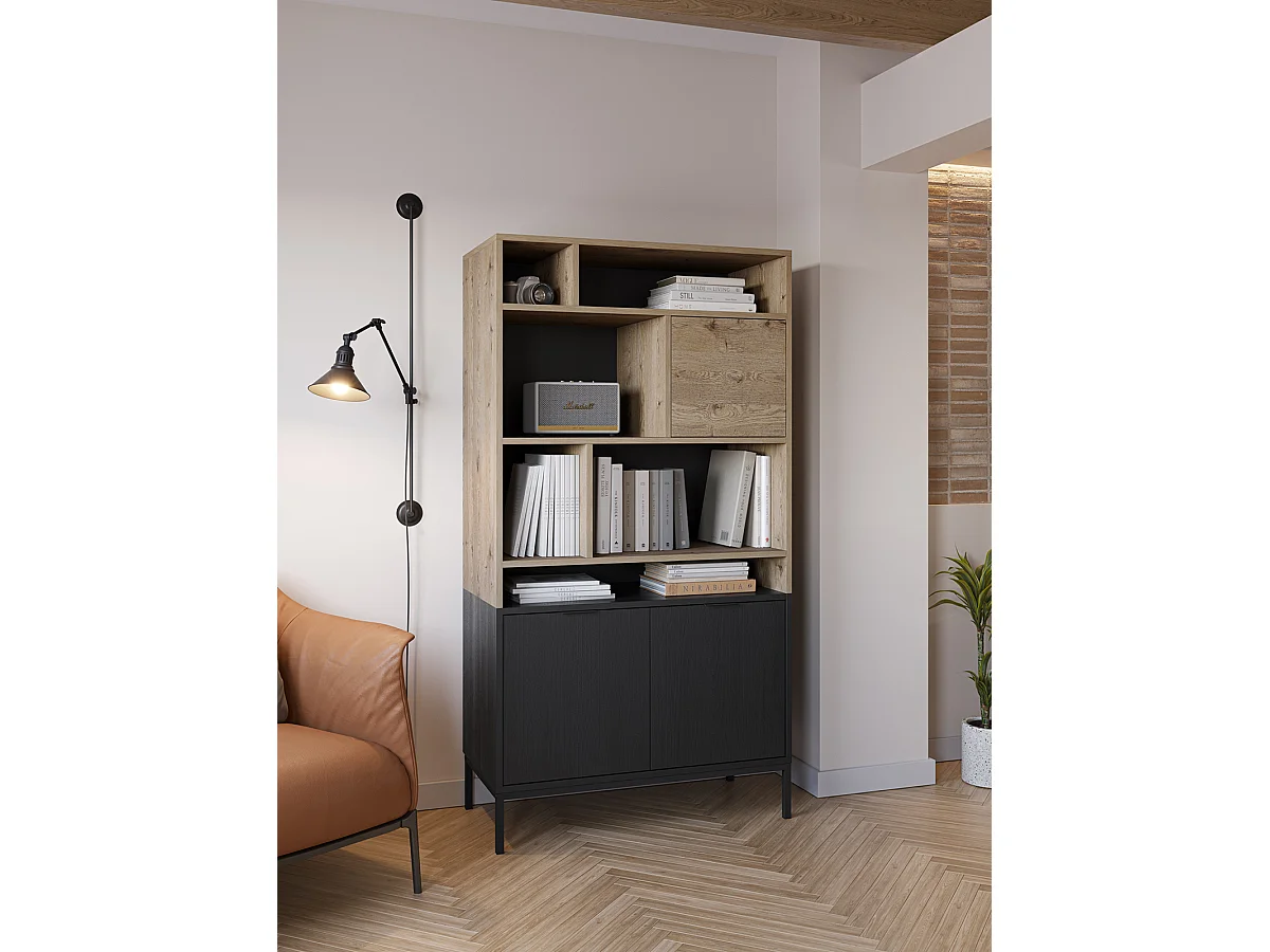 Bibliothèque, étagère aspect bois coloris chêne et pieds en métal noir - Longueur 90 x Profondeur 40 x Hauteur 170 cm