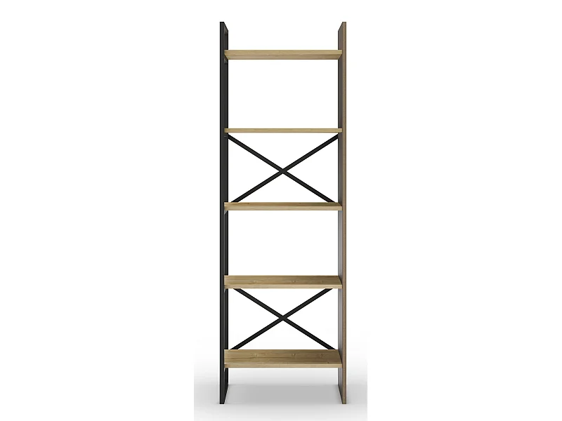 Etagère haute, meuble étagère aspect bois coloris chêne et métal noir - Longueur 58 x Profondeur 35 x Hauteur 175 cm