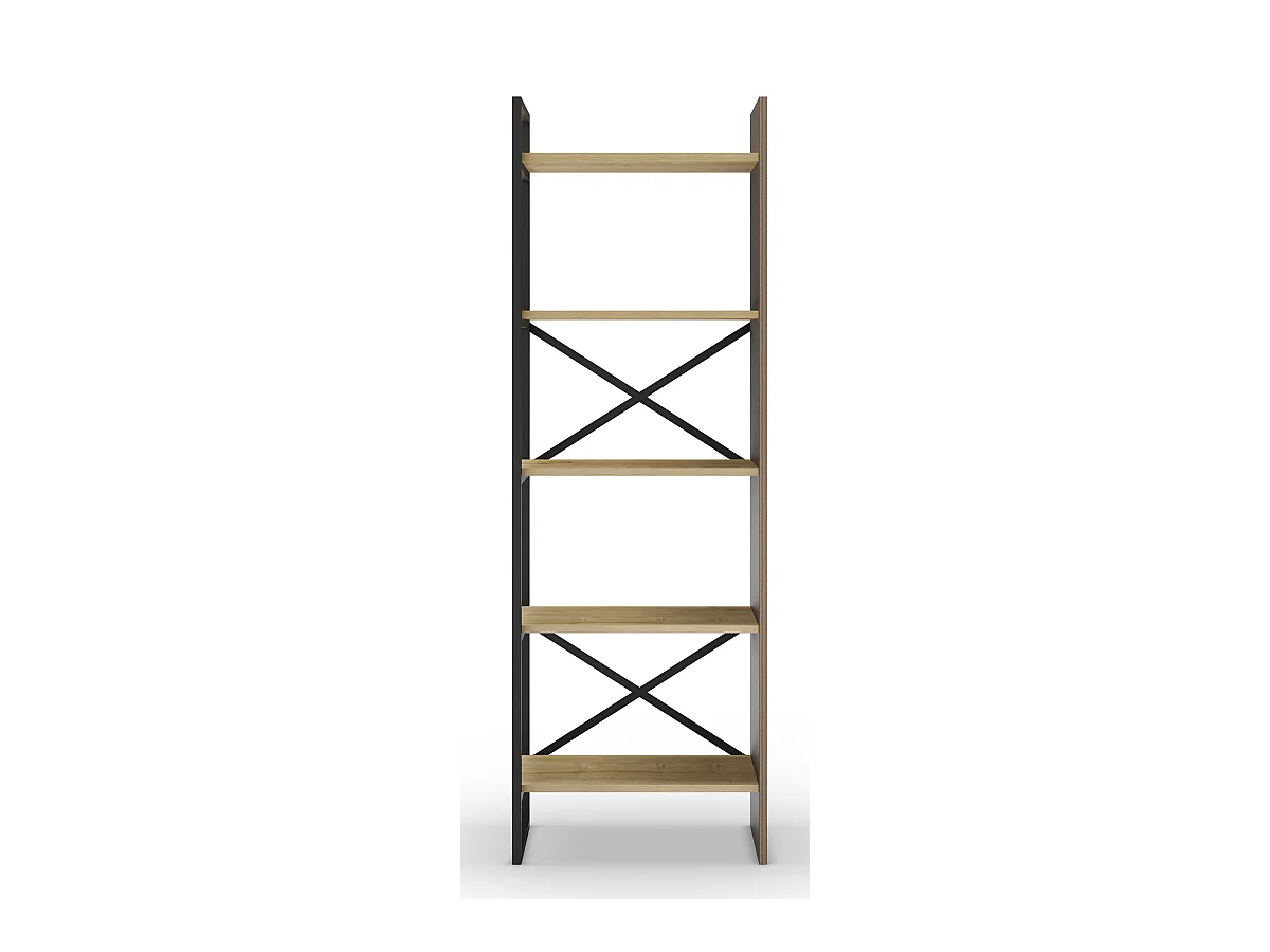 Etagère haute, meuble étagère aspect bois coloris chêne et métal noir - Longueur 58 x Profondeur 35 x Hauteur 175 cm