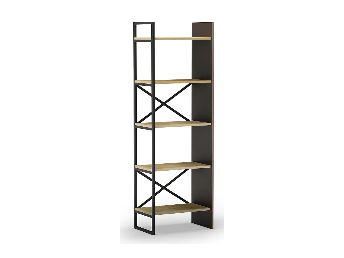 Etagère haute, meuble étagère aspect bois coloris chêne et métal noir - Longueur 58 x Profondeur 35 x Hauteur 175 cm