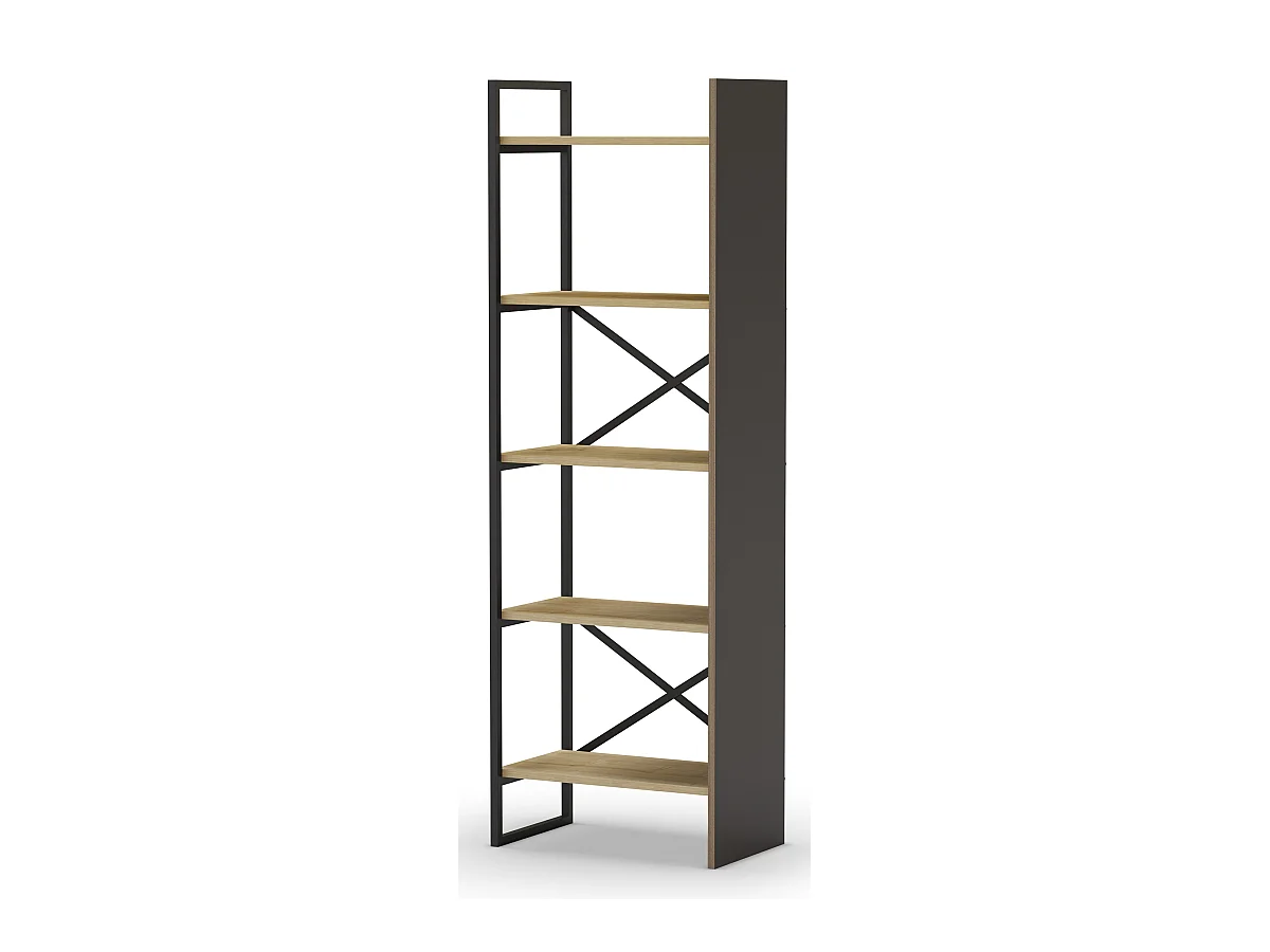 Etagère haute, meuble étagère aspect bois coloris chêne et métal noir - Longueur 58 x Profondeur 35 x Hauteur 175 cm
