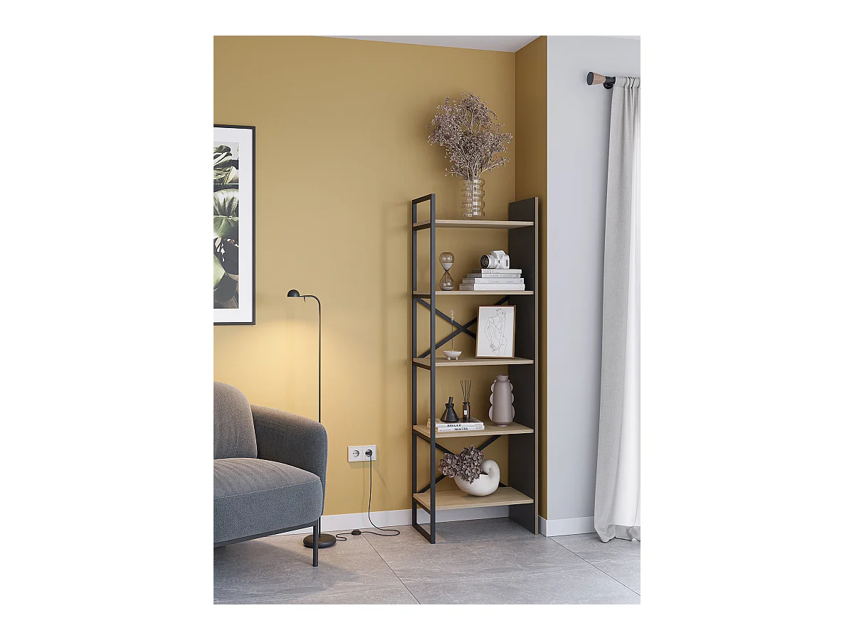 Etagère haute, meuble étagère aspect bois coloris chêne et métal noir - Longueur 58 x Profondeur 35 x Hauteur 175 cm