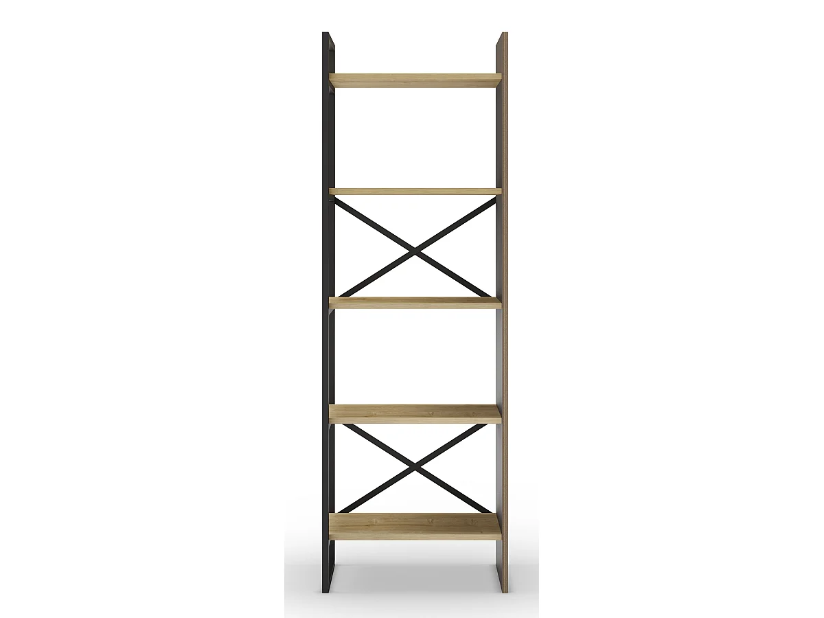 Etagère haute, meuble étagère aspect bois coloris chêne et métal noir - Longueur 58 x Profondeur 35 x Hauteur 175 cm