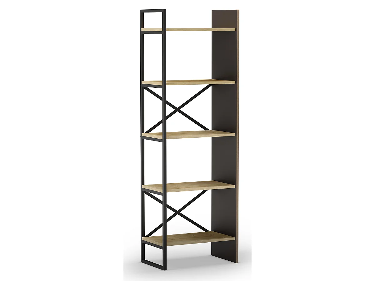 Etagère haute, meuble étagère aspect bois coloris chêne et métal noir - Longueur 58 x Profondeur 35 x Hauteur 175 cm