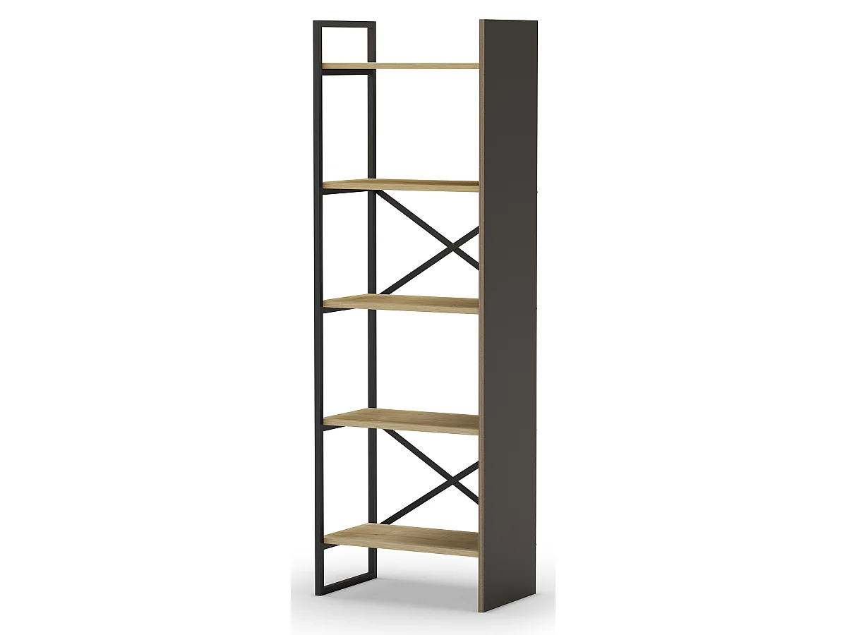 Etagère haute, meuble étagère aspect bois coloris chêne et métal noir - Longueur 58 x Profondeur 35 x Hauteur 175 cm