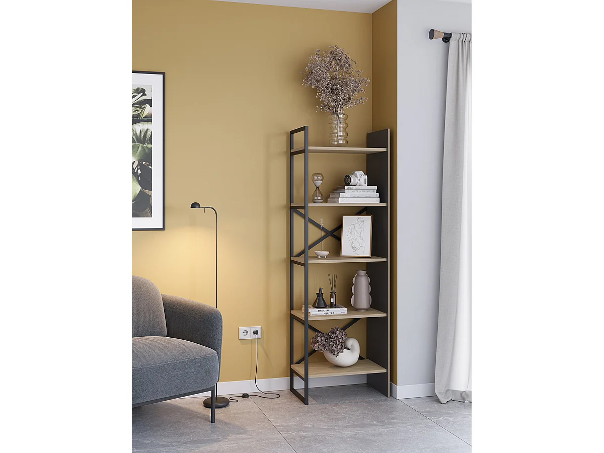 Etagère haute, meuble étagère aspect bois coloris chêne et métal noir - Longueur 58 x Profondeur 35 x Hauteur 175 cm