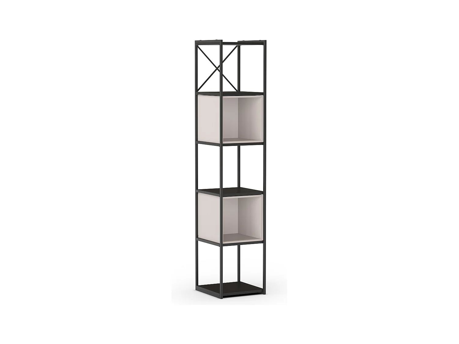 Bibliothèque, meuble étagère aspect bois coloris crème et métal noir - Longueur 36 x Profondeur 39 x Hauteur 179 cm
