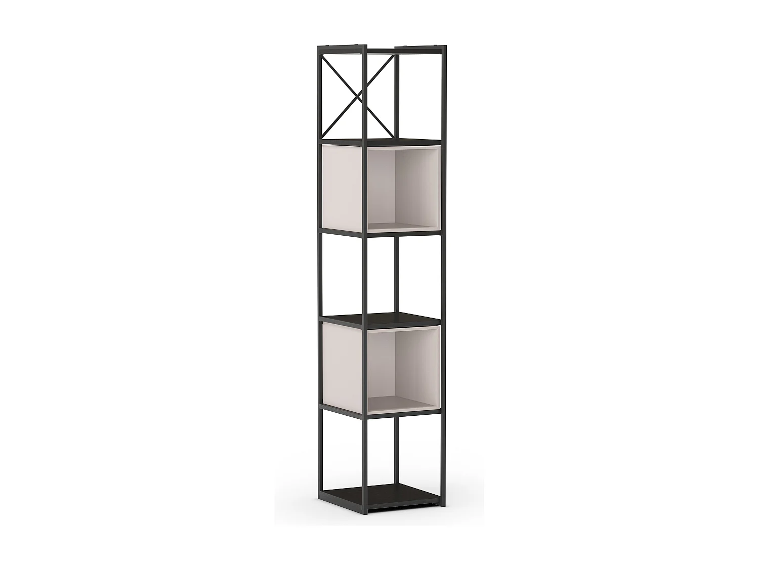 Bibliothèque, meuble étagère aspect bois coloris crème et métal noir - Longueur 36 x Profondeur 39 x Hauteur 179 cm
